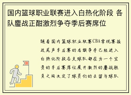 国内篮球职业联赛进入白热化阶段 各队鏖战正酣激烈争夺季后赛席位