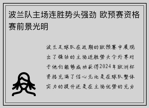 波兰队主场连胜势头强劲 欧预赛资格赛前景光明