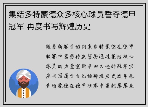 集结多特蒙德众多核心球员誓夺德甲冠军 再度书写辉煌历史