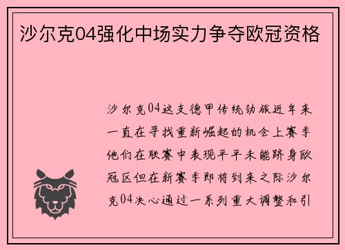 沙尔克04强化中场实力争夺欧冠资格