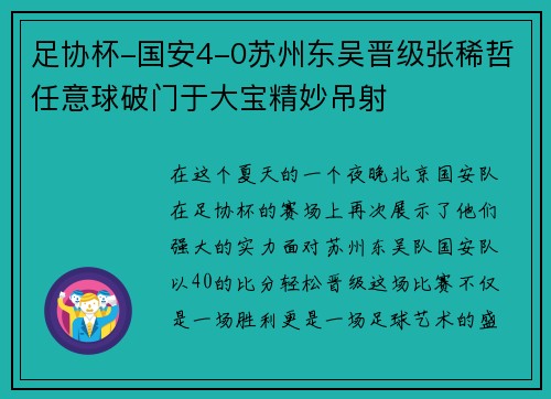 足协杯-国安4-0苏州东吴晋级张稀哲任意球破门于大宝精妙吊射