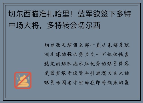 切尔西瞄准扎哈里！蓝军欲签下多特中场大将，多特转会切尔西