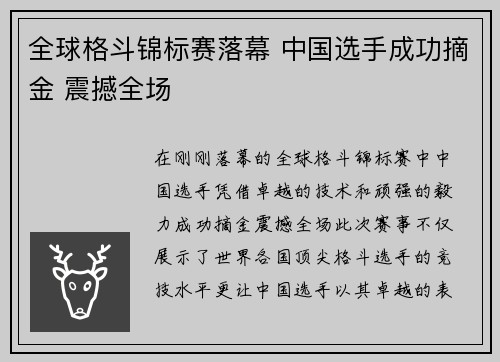 全球格斗锦标赛落幕 中国选手成功摘金 震撼全场