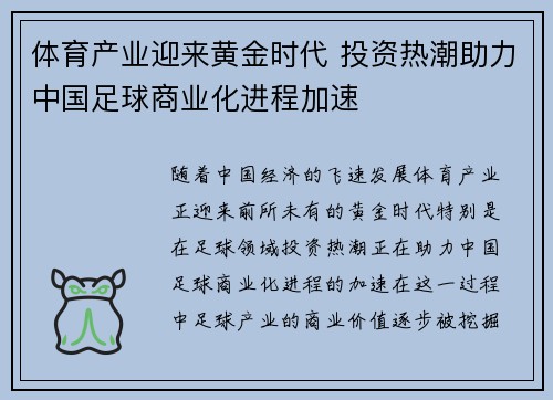 体育产业迎来黄金时代 投资热潮助力中国足球商业化进程加速