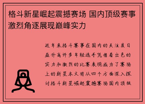 格斗新星崛起震撼赛场 国内顶级赛事激烈角逐展现巅峰实力