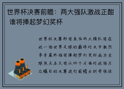 世界杯决赛前瞻：两大强队激战正酣 谁将捧起梦幻奖杯