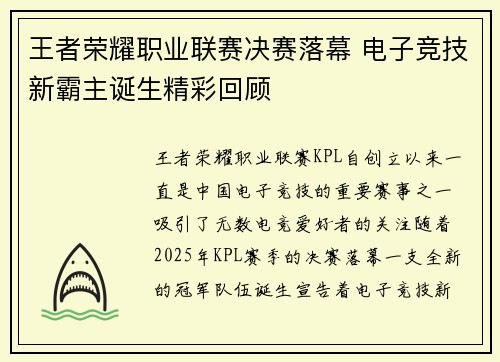 王者荣耀职业联赛决赛落幕 电子竞技新霸主诞生精彩回顾