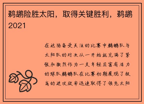 鹈鹕险胜太阳，取得关键胜利，鹈鹕2021
